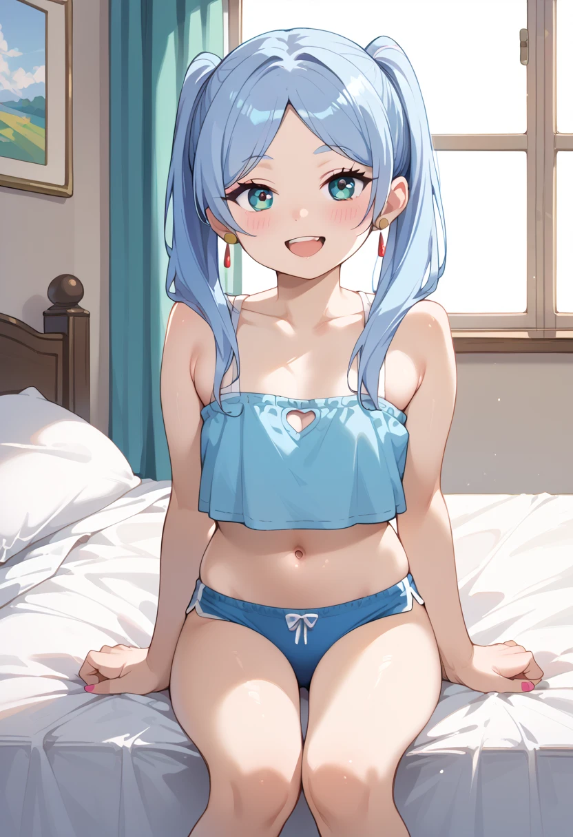 Character Details:, - Gender: 1 Girl.
- Style: Anime, - Body Type: Attractive body, slim body, nice legs, slim tights, nice arms, nice shoulders. - Breast: ((Small Breast:1.2)), Cleavage.
- Facial Feature: Beautiful, Gorgeous, Teenager, Fresh, Young.
- Expression: Shy, Smile, Horny, Pink Blush on Face, Sexy Eyes, Sexy Look, (Sweating:1.4), Innocent Look, Tipsy. - Hairstyle: Blunt Bangs, Long Hair. - Hair Color: Light Blue Hair.
- Clothing: (Tank Top:1.2), (laced underwear:1.4). - Body Pose: (Kneel). - Behaviour: Waiting, Want Something, Secretly.
- Accessories: Earrings, Environmental Details:, - Setting: Bed Room., - Lighting: Natural Light., - Decoration: Modern Bed, Desk, Chair, Window, curtain, City View. Top view. pov, anime style, UHD, retina, masterpiece, accurate, anatomically correct, textured.