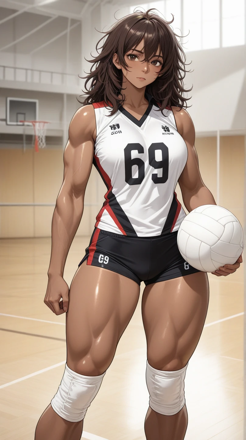 1girl, volleyball uniform, smile, holding volleyball, milf, mature female, short hair, (gigantic breasts:1.2), skindentation, tall, narrow waist, thighs, wide hips, eyeliner, eyelashes, perfect face, detailed eyes, facial lighting, indoor stadium, audience, crowd, looking at viewer(masterpiece, high quality:1.2)