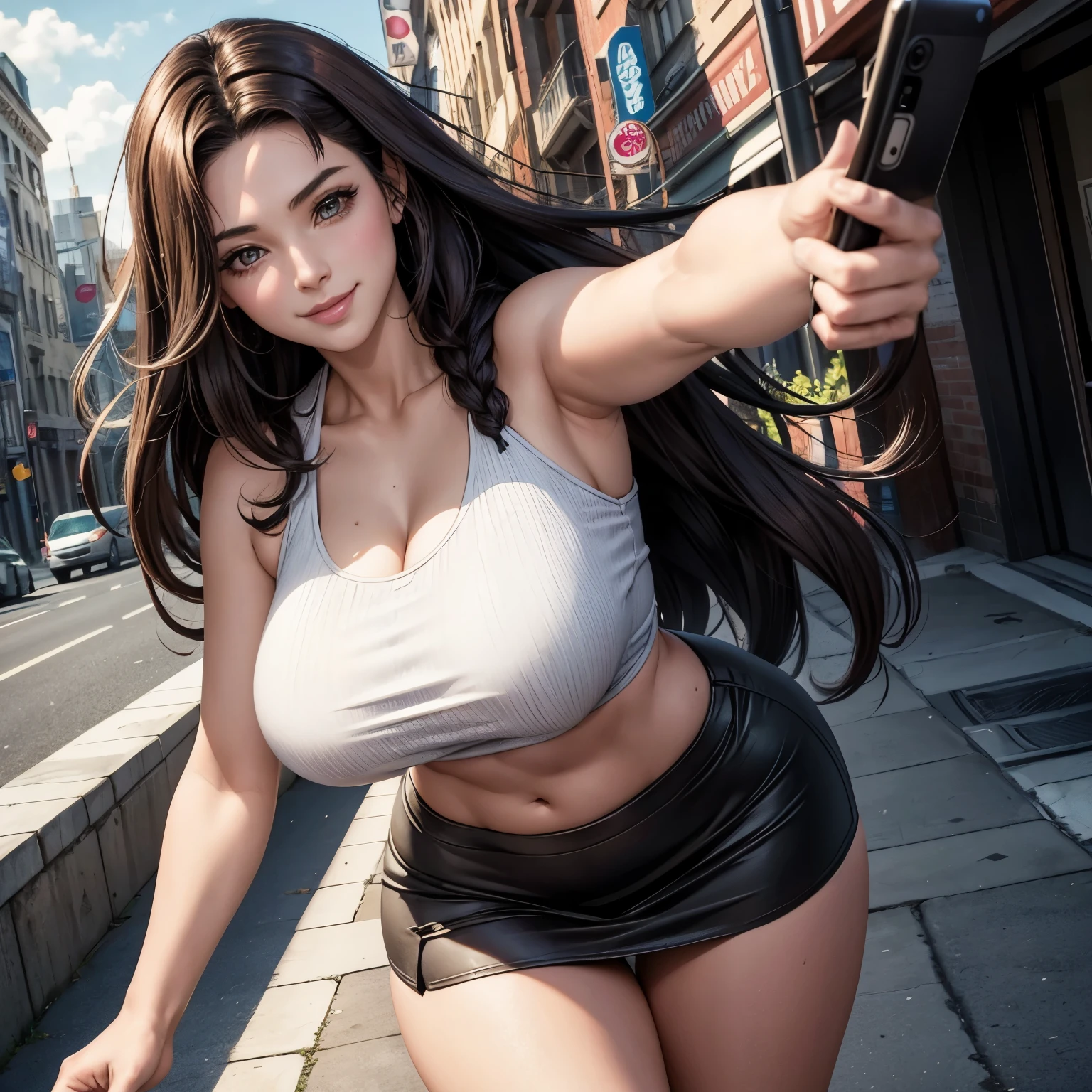 There's a Brazilian woman in a black leather outfit posing for a photo, menina sedutora, hiper-realista, corpo perfeito, fotorrealismo, imagem ultra realista, estilo 3D realista, menina perfeita, anime hiper realista, garota brasileira, gesto de paz e amor.