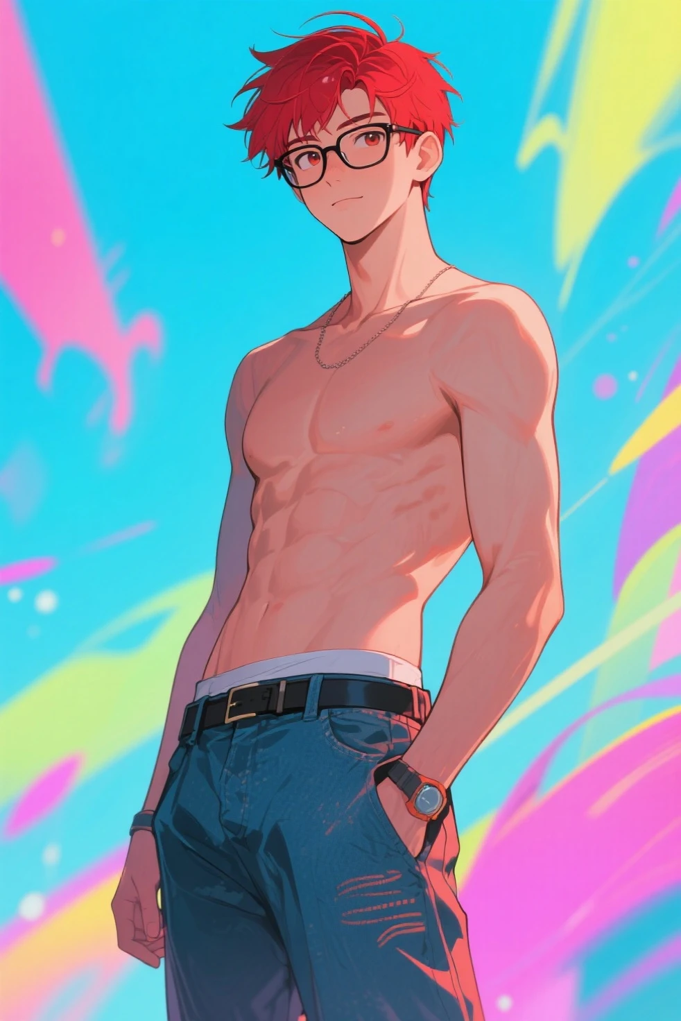 Brown hair boy, blue blue eyes, male face, muscular, hot and sexy sweaty body, shirtless, wearing short red shorts, kissing another boy