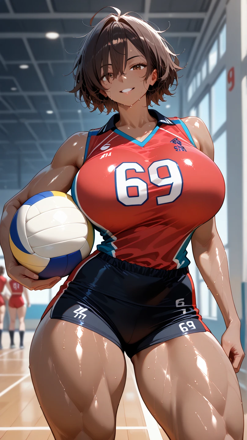 masterpiece:1.2, best quality), realistic, (real picture, intricate details, depth of field), (1girl, solo), make up, parted lips, highly-detailed, perfect face, (huge breasts:1.4), (skindentation), thick thighs, wide hips, small waist, tall, glossy coral lips, red hairs, red eyes, ponytail, (A girl playing volleyball, white volleyball uniform), (sweating:1.2), (wet), sexy, blushing,