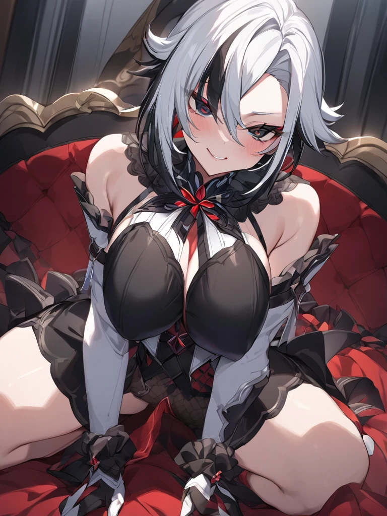 Best Quality, (Masterpiece:1.2), High Detailed, Cat Ears, 1girl, solo, tojo koneko, looking at the viewer, closed mouth, light smile, red eyes, white hair, short hair, hair decoration, cleavage, black neckband, erotica, sleeveless, bare legs, healthy skin, ((bra)).