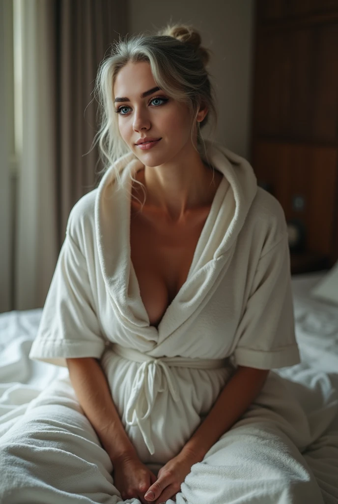 short messy hairstyle, a close up of a woman in a white towelling robe  at a spa treatment, a screenshot by Adam Rex, tumblr, tachisme, very sexy outfit, panties, gstring, sexy outfit, revealing outfit, sexy look, revealing clothes, sexy body, her hand is on her waist, see through, sexy hot body, touching her clothes, sexy look at the camera, intriguing outfit, see - through, shy girl, hair covering her eyes, side view, viewed from the side, hands shackled above her head, long shot, long body shot, full length picture, Louboutin, perfect bottom, heels, high heels, hands bound above her head, hands tied together, bashful pose, hands on her head, hands in her hair, candid pose, candid picture, faint smile, looking towards the floor, head bent forward, looking away from camera, portrait, very sexy pose, ready to be fucked, inviting pose, inviting for sex, seductive pose, very attractive, breathless pose, sexy face, dreamy scene, firmly holding her breasts, hands on her breasts, pushing her breasts together, backlighted, back lit, curvy accentuated booty, cleavage enhancing breasts, very large breasts, deep cleavage, flirty pose, sensual pose, seductive pose, confrontation pose, (messy bob hairstyle, white blond hair color), messy hairstyle, messy bob, messy hairstyle, white blond, 5 foot 3 inches tall, 110 pounds in weight, 34G breasts, large firm round breasts, very large breasts, cleavage, photorealistic, 4K, 8K, UHD