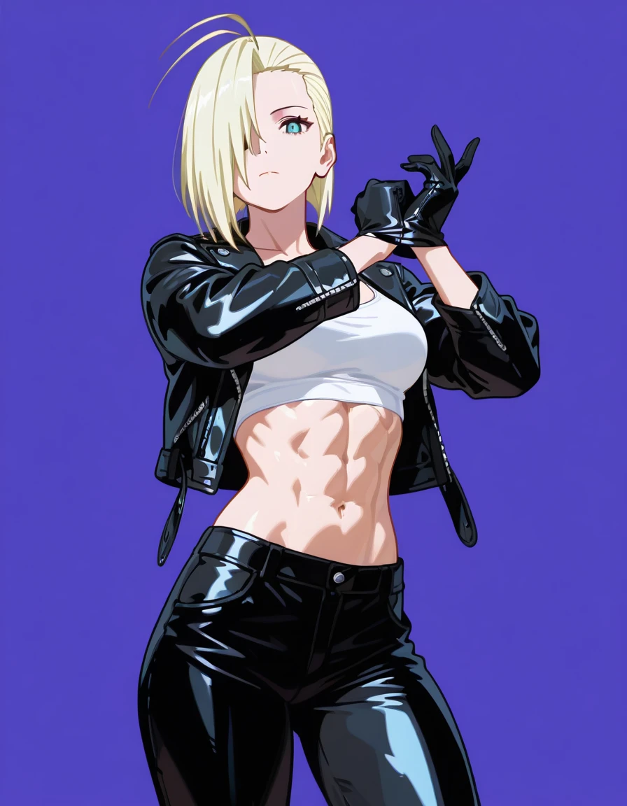 masterpiece, cowboy shot, 4K, Best Quality, Anime style: 1.9, best illustration, (official art, very warm colors), bold drawing lines, 1girl, cagalli, adult woman, tall woman, perfect proportions, ultra detailed head, ultra detailed body, big brown eyes, happy, blonde hair, ultra detailed streaks, official art, brown eyes, black bikini, black chaps, smile, closed mouth, solo, looking at viewer, long belly, ultra detailed belly, medium breasts, cleavage, groin, standing, (simple white background only, simple white background only), black fingerless gloves, closed fists, strong arms