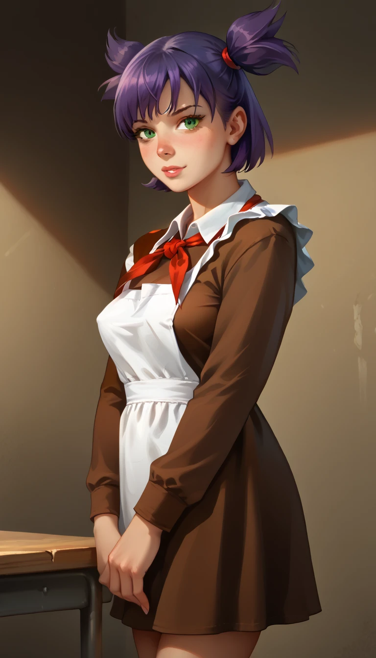 score_9, score_8_up, score_7_up, score_6_up, 8k, high detailed picture, realistic style, masterpiece, very young girl, huge perfect breasts, torpedotits, (thin, slender, narrow shoulders and hips, anorexic girl, slender legs and arms), lena, purple hair, green eyes, short hair, short twintails, twintails, two side up, bangs, 16k, masterpiece, realistic style, perfect fingers, tomboy, CyberRealistic_Negative_PONY_V2, very sexy dress, dressed like (microdress, very tight, sovsh_uniform, lace apron, red neckerchief, dark brown dress, long sleeves, white apron) , very tight dress, bursting breasts, xaxaxa 1_style, school backyard