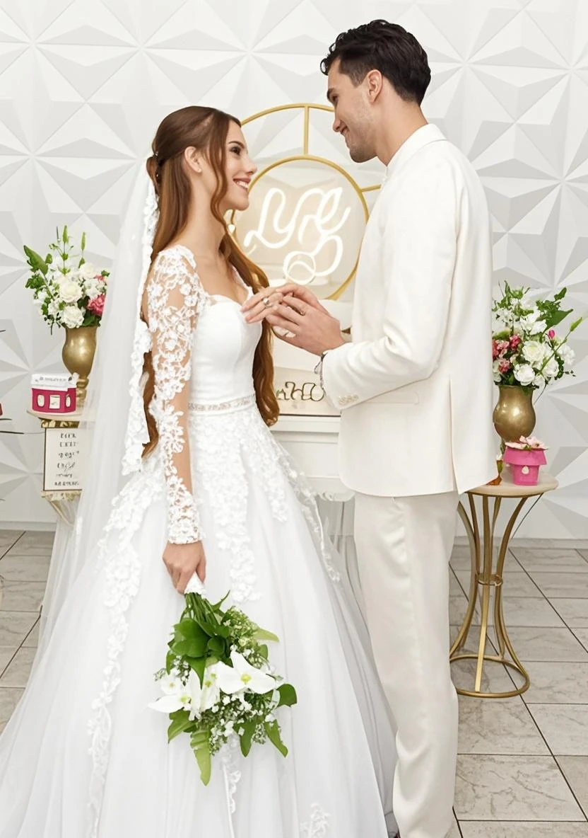 Groom and bride exchanging rings , editado, ((supersaturado)), estilizado, uneditado, Admirador de arte, miniatura do youtube, Casamento, noiva e noivo, album art, meme da internet, inspirado em mckadesinsanity, comprado em fotos, Casamento phlllNo entanto, oficial, comissionado