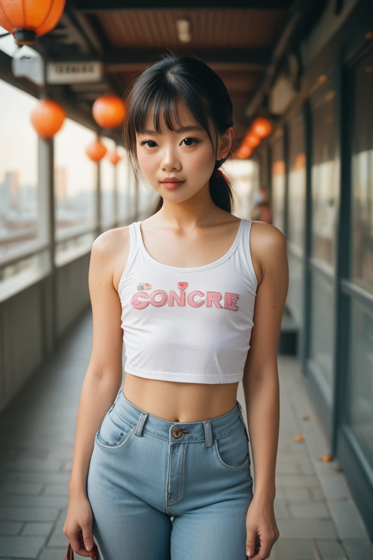 masterpiece, masterpiece, masterpiece_portrait, distinct, distinct_image, highres, high_resolution, high_quality, high_quality_anime, super_detail, hyper_detail, perfect_???????, perfect_body, perfect_navel, perfect_face, perfect_eyes, perfect_chest, perfect_nipples, perfect_hips, perfect_arms, perfect_hands, perfect_fingers, perfect_legs, perfect_feet, perfect_toe, 1other, 1girl, small_face, long_eyelashes, teengirl, sagging_breasts, gigantic_breasts, slender_leg, thin_thighs, slender_thighs, cleavage_cutout, t-shirt, compression_shirt, tight_pants, downpants, parted_bangs, midriff, hip_vent, (Selfie pose), (sagging_breasts:1.3), (The T-shirt is thin), (Slightly see through the inside), (cough marks:1.3), (Layered hair), (I can see the inside), (pose for a photo), (Choose items at crowded department store shopping malls),