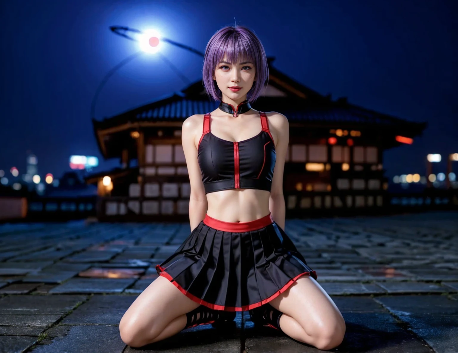 Ayane, purple hair, (best quality, ultra-detailed), (realistic:1.37), beautiful and detailed face, ultra-realistic texture, delicate face, delicate body, red lipstick, long-lasting colors. high definition, 8K. expression with a sexy look