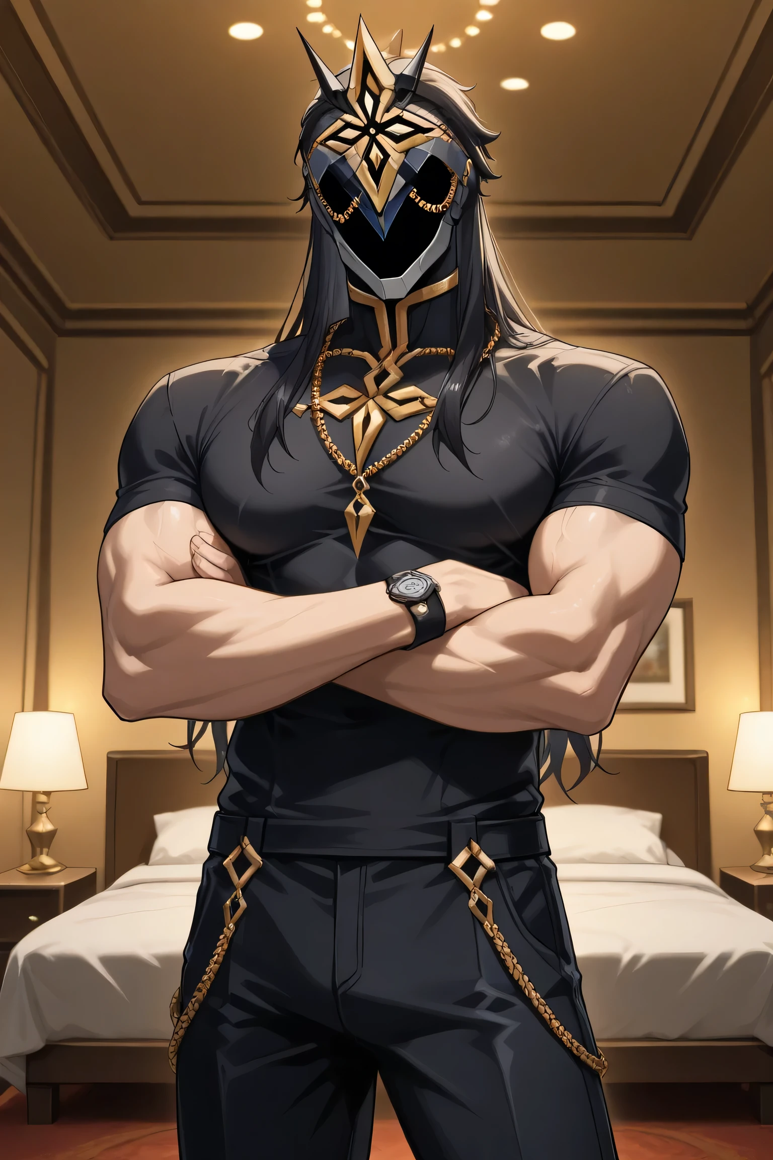 score_9, score_7_up, source _ Anime Ilcapitano , a boy, Alone, male approach, BLACK HAIR, Long hair, Mascara, Faceless, Masked man ,
Hotel room interior ,, Party atmosphere , interior lighting,
black fitted t-shirt, Gala t-shirt , Long-sleeved black t-shirt, Deep black color , Solid black hue , Matte black fabric ,
T-shirt completely covers the chest , Wrist-length sleeves, Skin-tight fit , Muscles clearly delineated through the shirt, Strong pecs and arms visible ,dark black pants, Gala style , Gala attire,
Arms Crossed, confident and dominant posture, standing position,
Imposing, muscular build , Powerful masculine aura ,