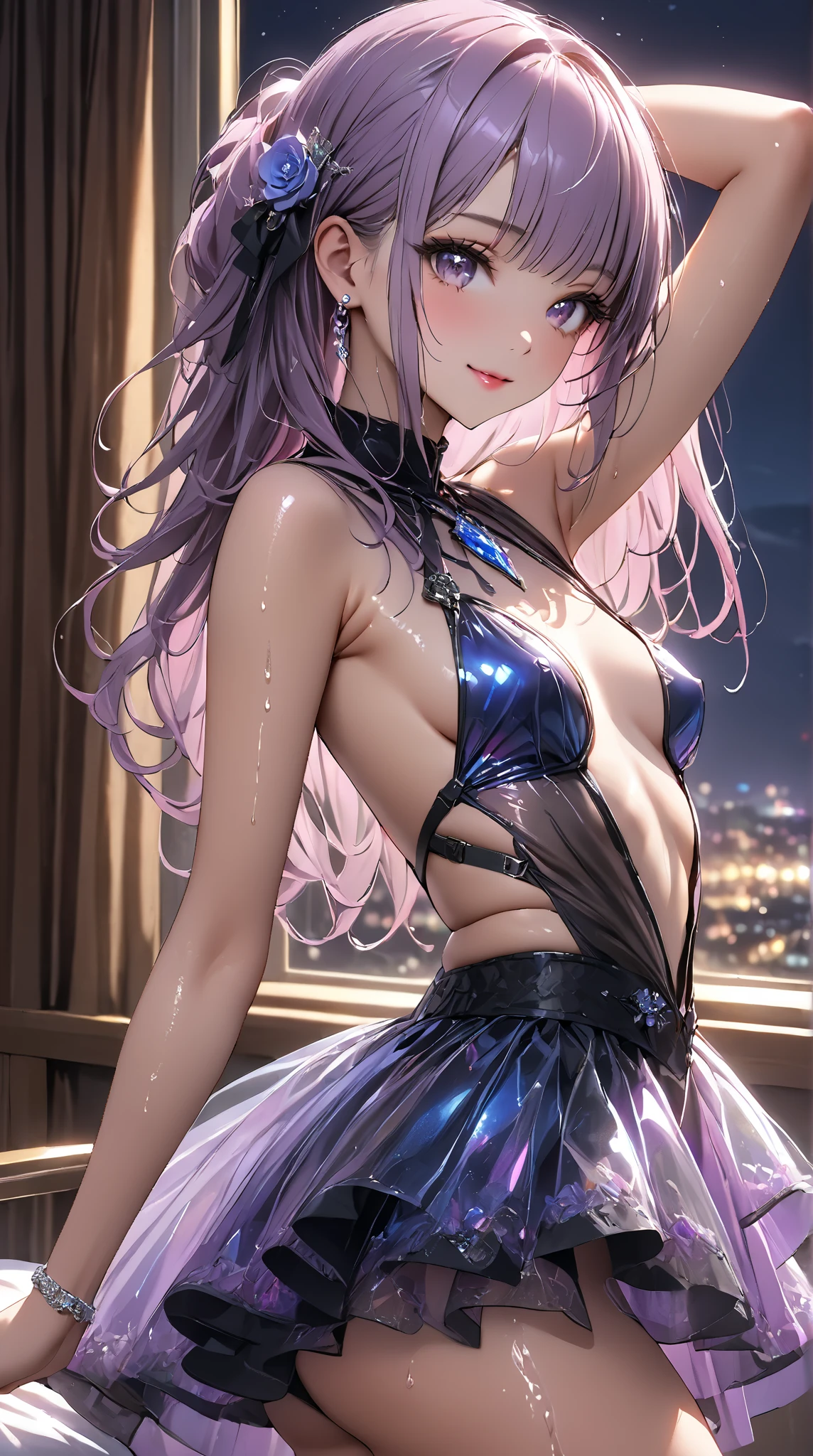 (Absurd Resolution:1.2), (ultra detailed:1.2), (masterpiece:1.2), (Photorealistic), (top-quality), BREAK (cute 1girl), (teenager), (finely detailed beautiful face:1.2), BREAK (ultra-fine-green-cute-eyes:1.2), (Expression ultra detailed Glitter Pupil), (ultra detailed Expression eyelashes), BREAK (ultra-detailed-ponytail-purple-hair, asymmetrical bangs), (beautiful Glossy lips), BREAK (slim body and gigantic breasts), narrow waist, leggy, curvy is body without muscles, BREAK (glossy realistic pale skin texture:1.2), (4 defined fingers), (1 defined thumb), Beautiful Smile, BREAK ultra detailed dark fantasy nun outfit, Thigh-High-Socks, Sacred Long Sword, BREAK Seductive dynamic pose, (Crisp focus:1.2), (full body shot, dynamic angle,), professional lighting, atmosphere, BREAK Abandoned church surrounded by monsters,