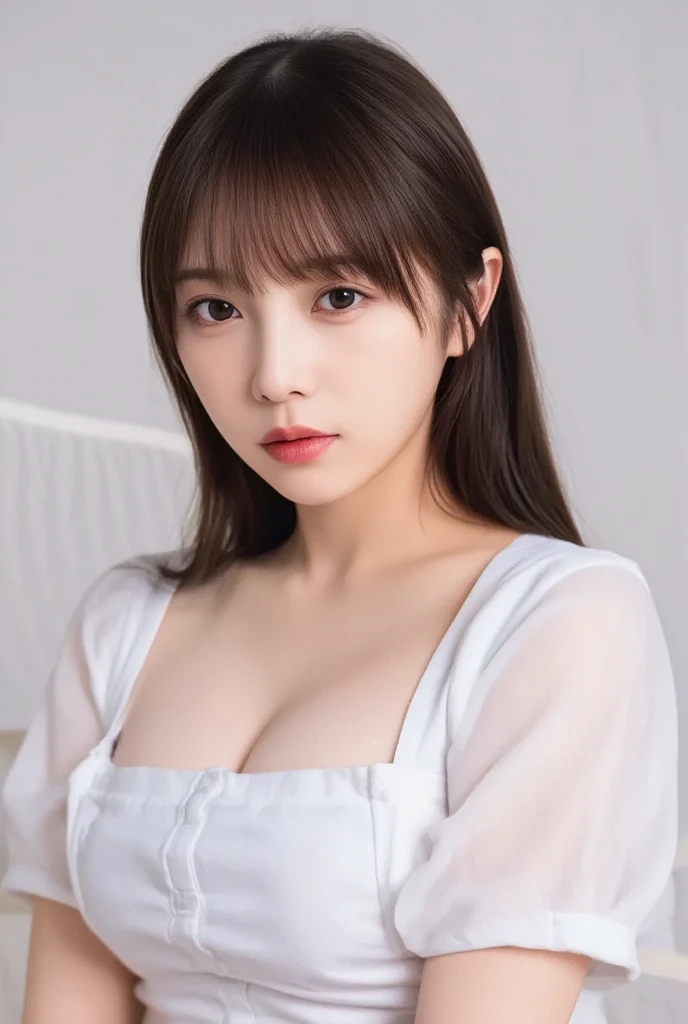 masterpiece , (Ultra-high resolution), (Realistic:1.4), One woman, dark elf, Beautiful woman, Black Hair, Fine eyes, Double, ((white knitwear)),((Shoulder out)) , ((Huge breasts)), View Audience,