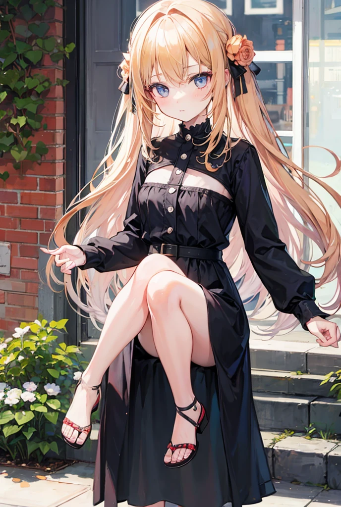 Dark blonde hair with beautiful eyes a black dress