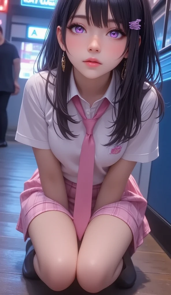 Korean Beauty brainwashing Imaginary Big Breasts Defeated Prostration yield surrender Pink Eyes school uniform urinal water