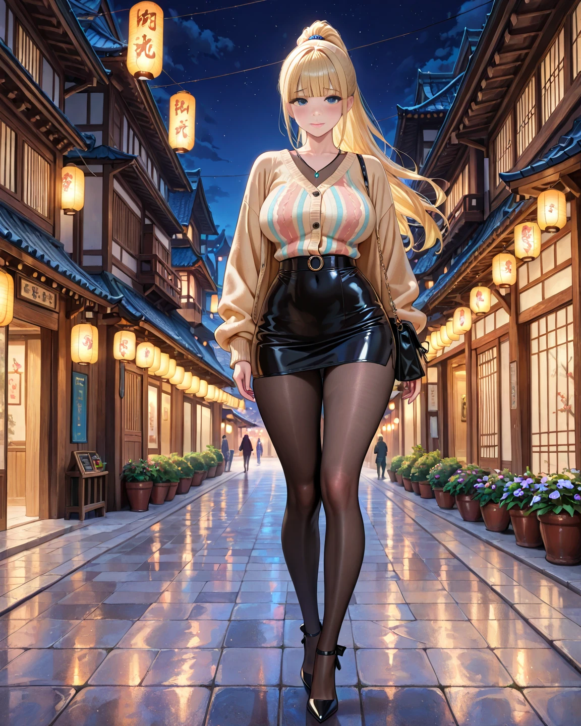 masterpiece, Top image quality, hight resolution, Realistic, photo-like, (Full Body Angle), Face of woman in Japan, In front of the station at night, rays of moonlight, Soft light, Brobby background, (独奏), Slightly dry skin, Transparent Lip, Meeting Pose, Shy face, (Amazing smile), Colossal tits, Align your bangs, ((a blond)), poneyTail, put hands on the hip, Fantasy Woman, Both thighs are exaggerated, Knitted sweaters, Cotton Tight Long Skirt, Black short boots,