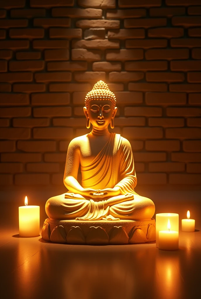 Buddha sitting in meditation with candles in front of him