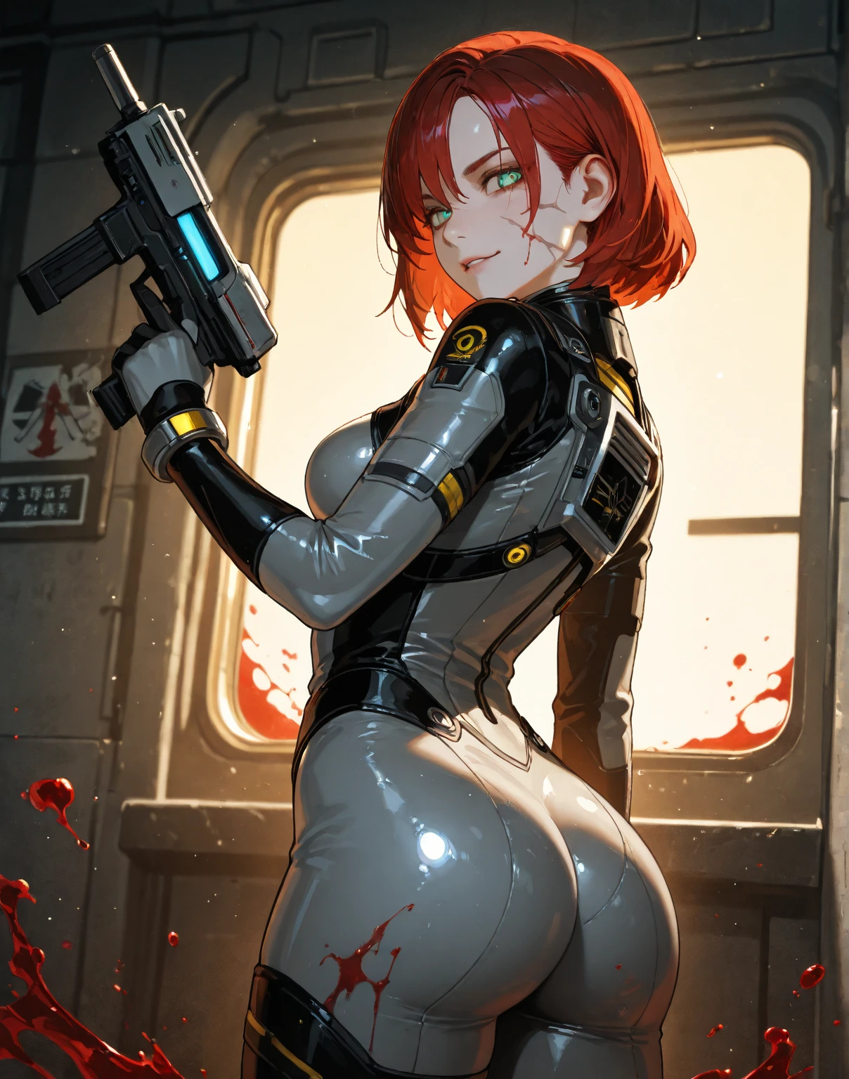 hand (Chainsaw Man), Highest quality, Very detailed, One Girl, alone, Are standing, Redhead, short hair, Golden Eyes, bangs, Mid-chest, stare, smile, (evil:1.2), Show Viewer, (interview:1.3), (Dark Background), From below, Crisp contrast , Gorgeous details, concentrate , Close-up shot , Orange glowing eyes,Front view, ((Full :1.5)), ((close your eyes, Expression of pain)), ((Firm and well-shapedＤCup Breast