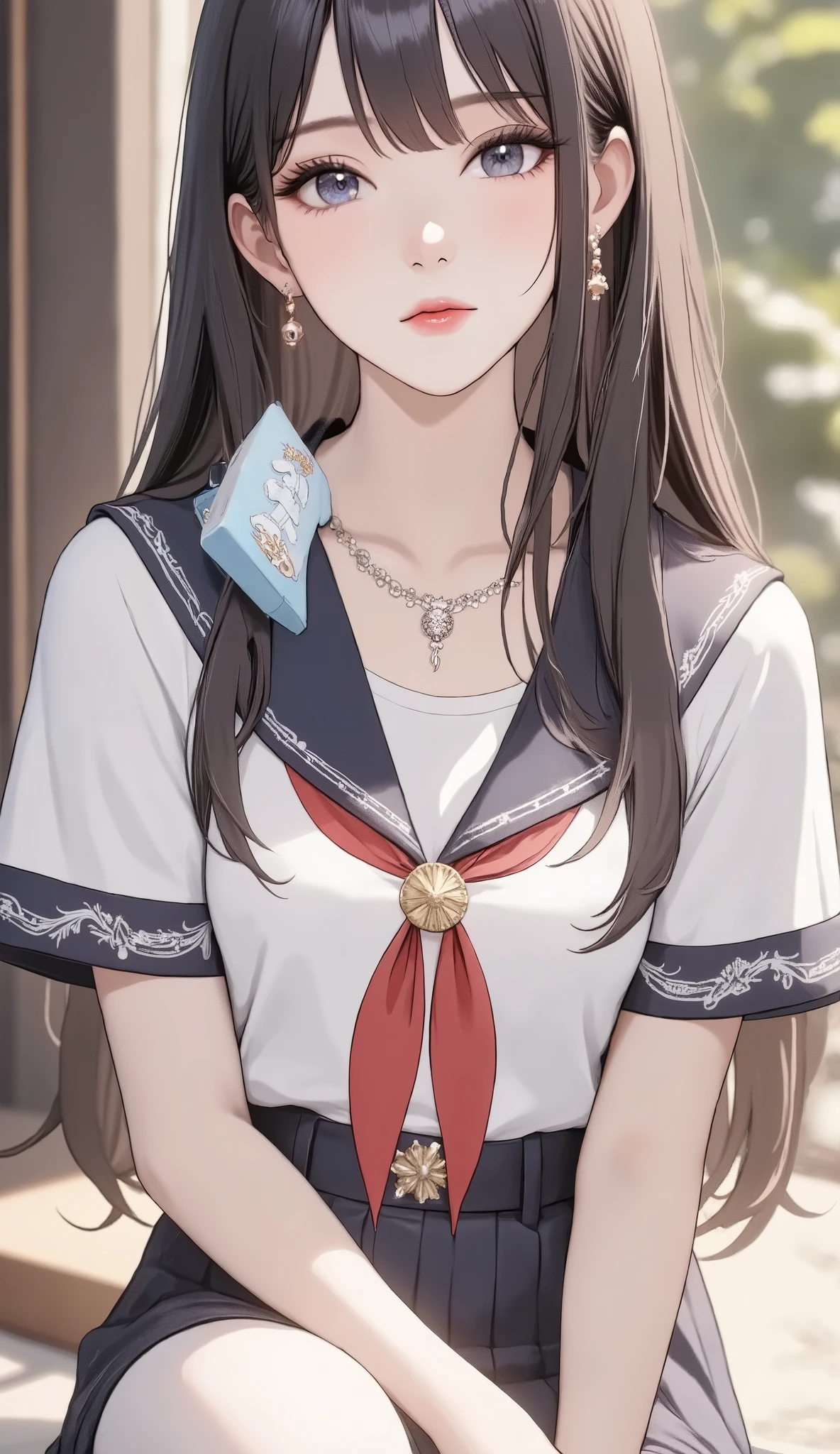 (masterpiece, computer, mejor quality, Clear focus, shadow, anime style, Ultra high resolution, 8K, anatomy, perfect face, (detailed face), ( Detailed eye ), score_9, score_8_up, score_7_up, score_6_up, score_5_up, score_4_up, source _Animated, Label 1, Label2, quality_masterpiece, anatomically correct, jacket, perfect face, Beautiful and highly detailed face and eyes, Attractive face, detailed face, Delicate facial features, Detailed skin, huge breasts, wide hips, gigantic butt, Thick Thighs. Anime-style illustration of an attractive young woman sitting outdoors in a sunlit park, highly detailed and realistic art style. has long , straight and dark brown costume, decorated with a black and white ribbon. Wear a dark sailor-style Japanese school uniform with a red scarf, short skirt and top that reveals slightly the abdomen. Wear a black necklace with gold studs punk-style. Her big, bright eyes are reddish brown and her expression is sweet and flirty, with flushed cheeks . Holds a small blue box Of chewing gum or candy in the Right hand. She wears white thigh-high tights and decorative garters. Background with green trees and soft light, quiet afternoon atmosphere. Modern anime style with soft shading and warm colors.