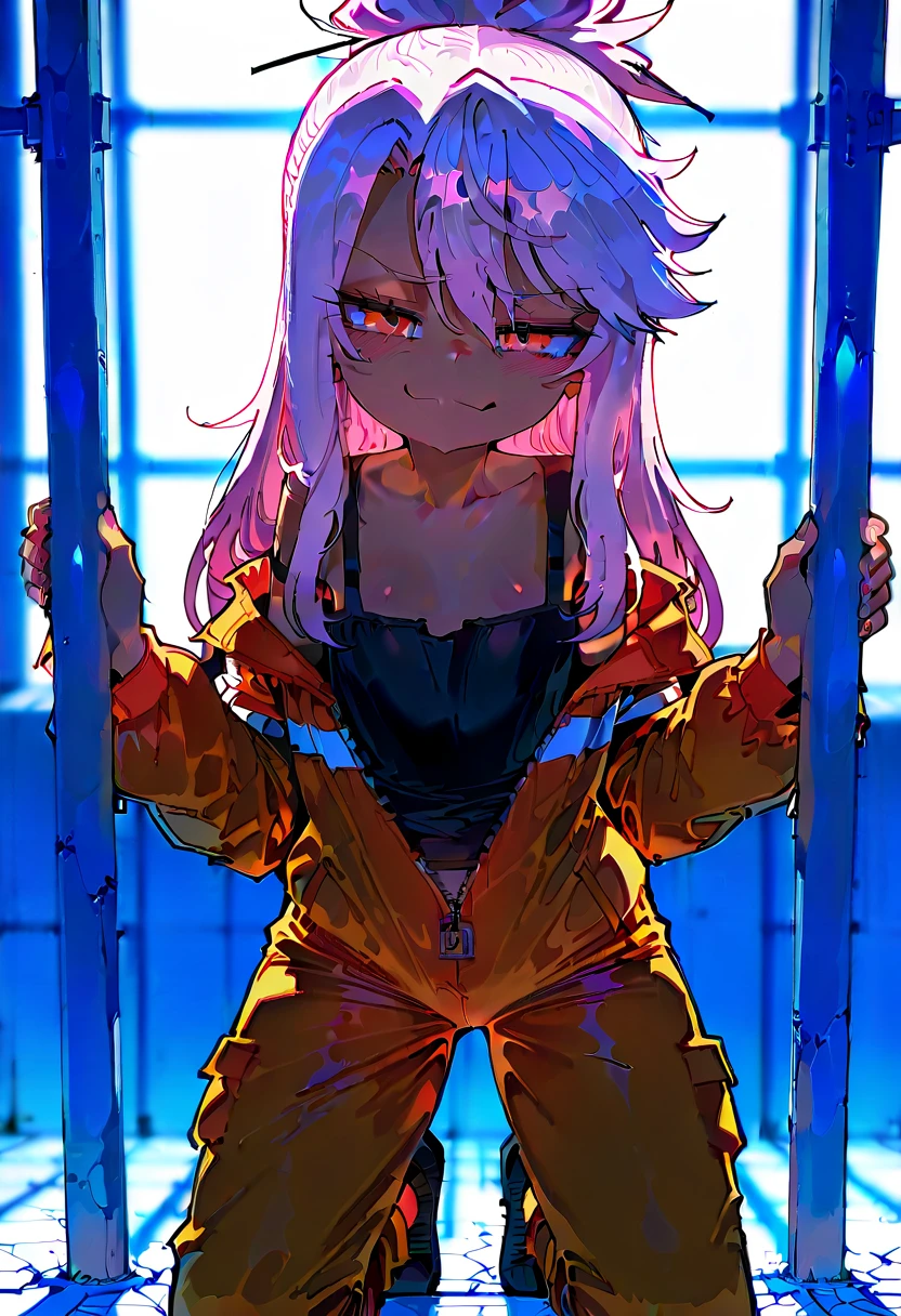 CUM ALL OVER, TIT fucking cock, pov, white hair, masterpiece, best quality, 1 girl, supine, kneeling, pale skin, messy hair, red eyes, glowing eyes, creepy, creepy smile, crazy expression, blood on face, naked, creepy, scary, blood, horror, light particles, night, iron bracelets with chains