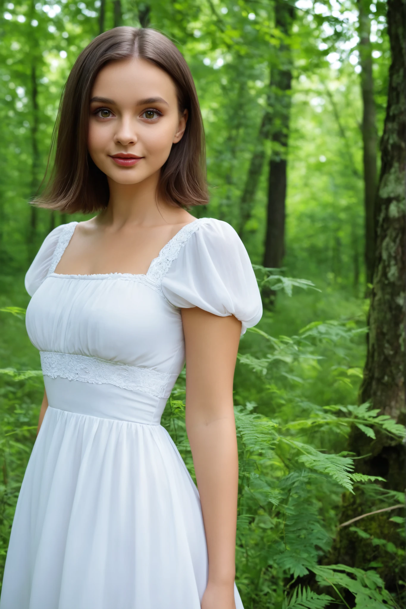 A very beautiful and cute polish girl looks at me in the forest wearing a white dress fully.looks at me close