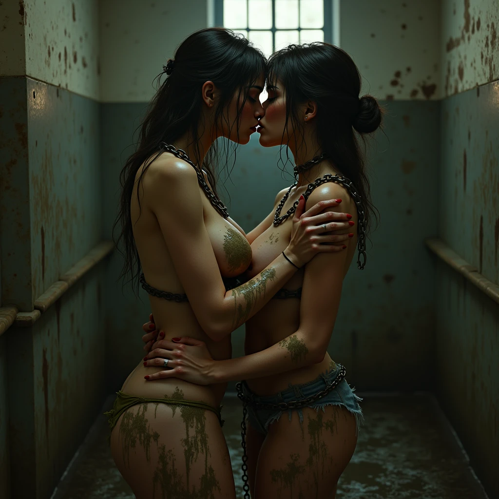 (three girls), pretty, 23 years old, goth girls, mean girls, (prison shower), taking a shower, water, shower, soap, foam, wet, wet body, soapy body, unclothed, black eyes, black hair, pigtails hair, sexy look, dominant look, (eyeliner:1.2), (black lipstick), natural beauties, slim, slim waist, wide hips, beautiful legs, frontal portrait, (photo taken from below:1.4), looking straight into camera, naked, (from below:1.3), (gigantic boobs:1.4), teeth visible, (black lips), (nsfw:1.2), (from head to toe:1.3), (full body shot), (tattoos:1.4), (pubic hair:1.4), best quality, photorealistic, good lighting, detailed skin, camera quality
