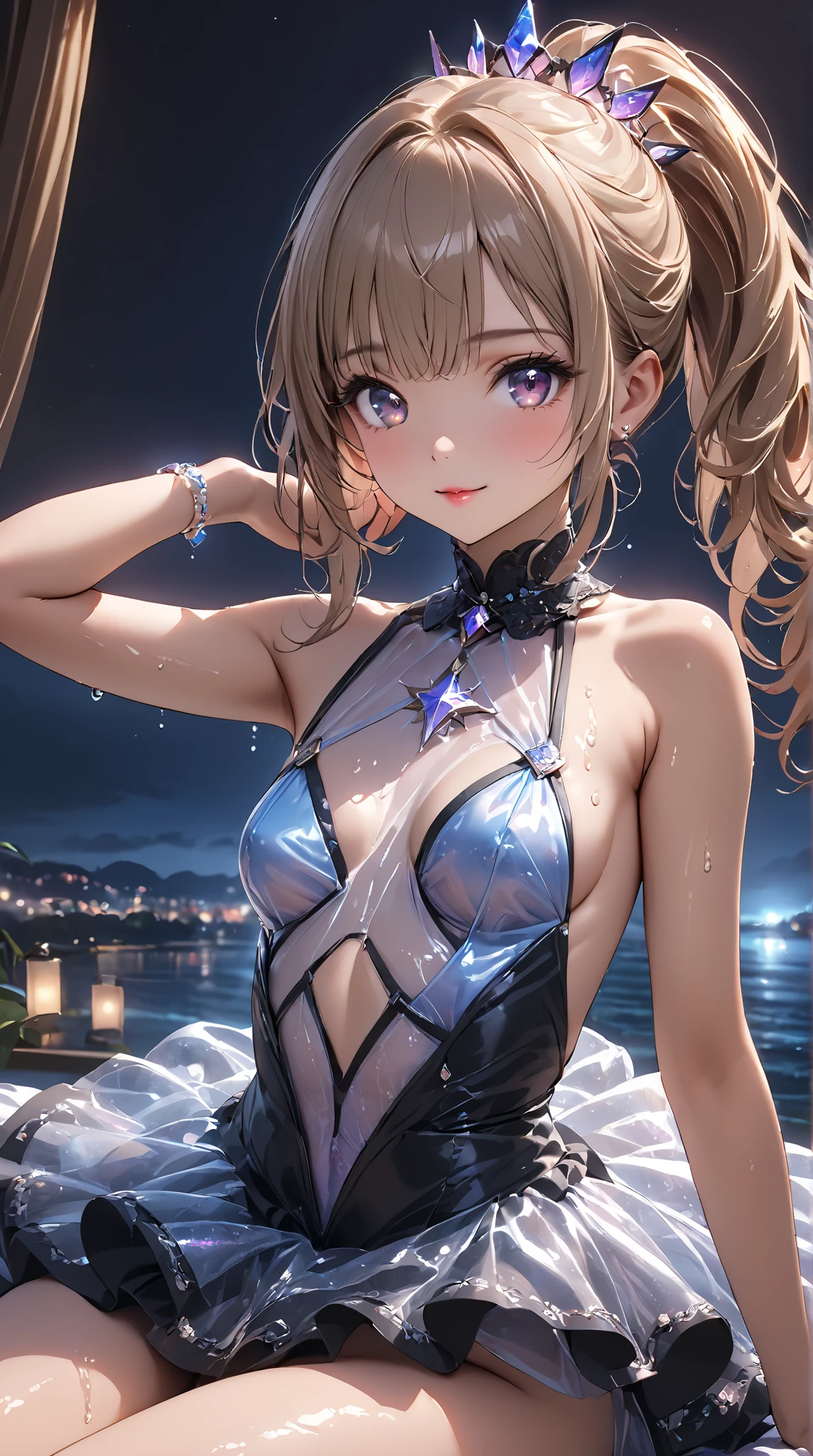 Highest Resolution,Highest quality,1People Girls,beautiful girl,Full body close-up,The body is frontal,looking at the camera,Standing posture,Crying face,Tears,Stringy saliva,Open your mouth,Sticking out tongue,Saliva,Tears overflow,Dripping a lot of saliva,Drooling,Swimsuits by the pool at night,Night view,High leg,ponytail,