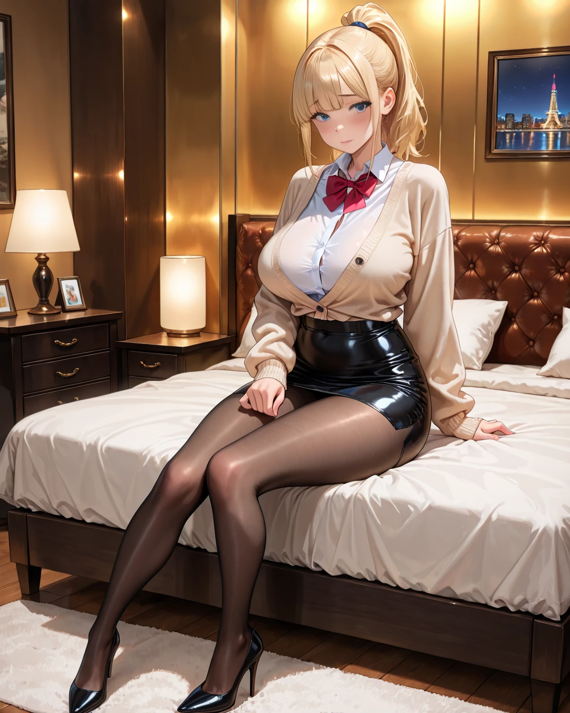 Girl, smile, red lips, big nose, big tits, big , short hair, yellow hair colors, fair skin, black maid suit colors, black pantyhose stocking colors, black high heels colors, sexy girl, sexy body, beautiful girl, sexy pose, realistic girl pose, in room pose, gaze looking at the camera,