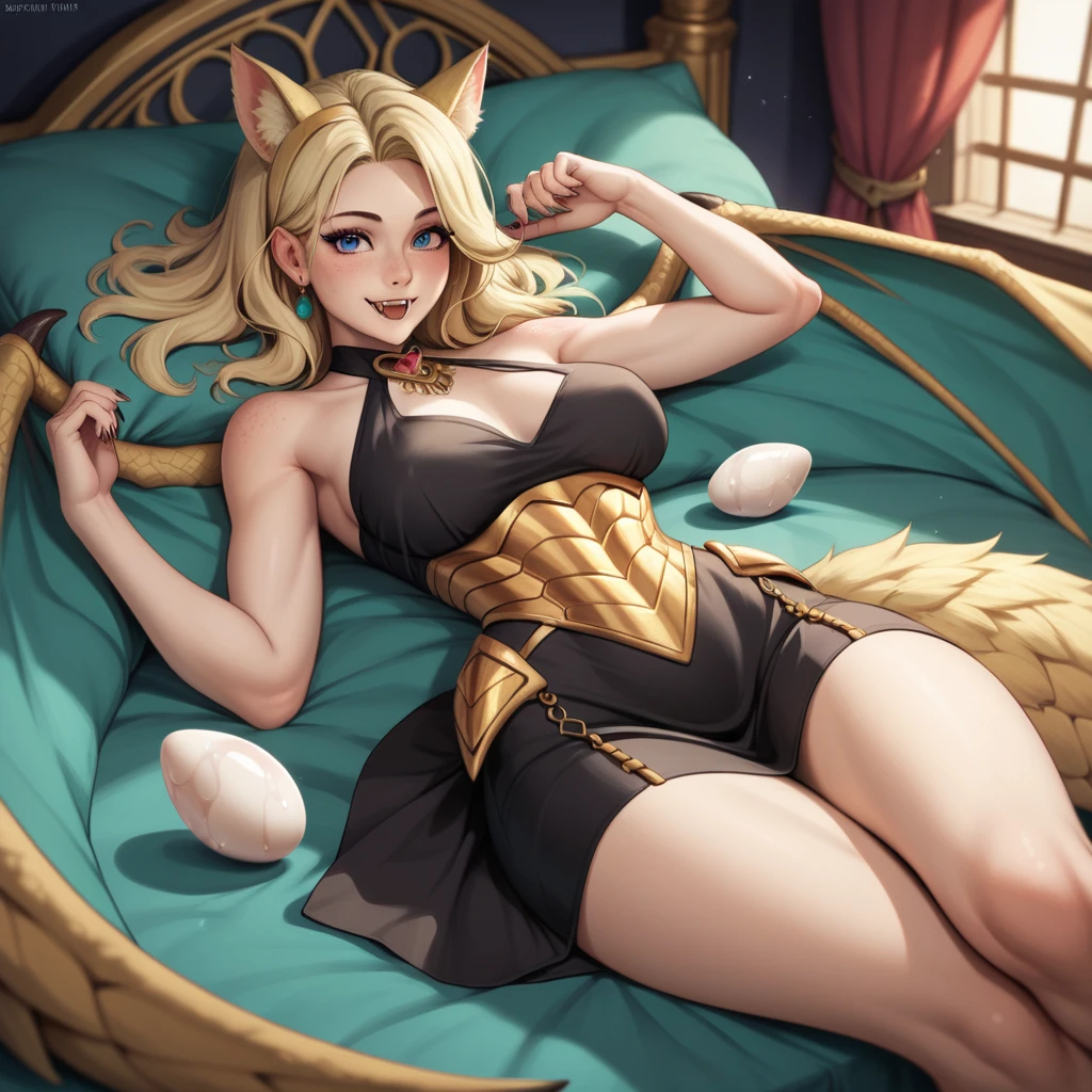 Looking here, attractive long blonde young woman, ancient Egyptian breast exposing costume, skin tight, soft looking big, crotch wide open, lying on bed