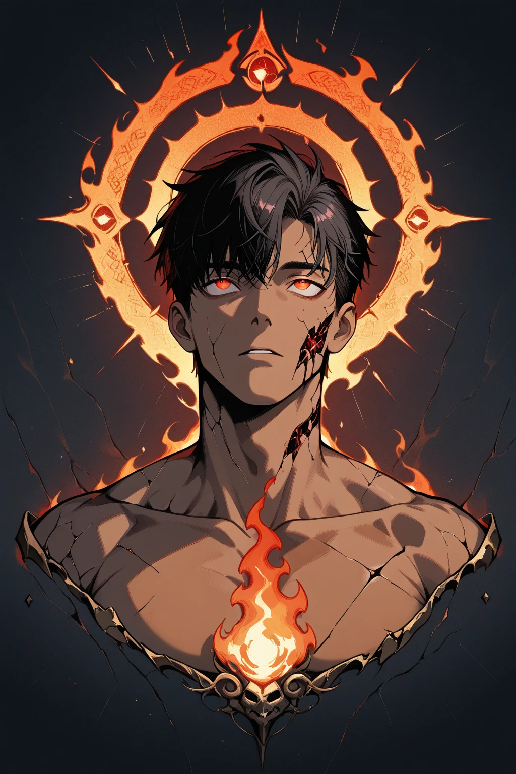 1boy, black hair, gray eyes, no shirt, strong body, meditating, cross-legged, serious expression, Flames flowing through your body, perfect face, face detalied, wide angle, hiper detalied, hyper realistic, UHD