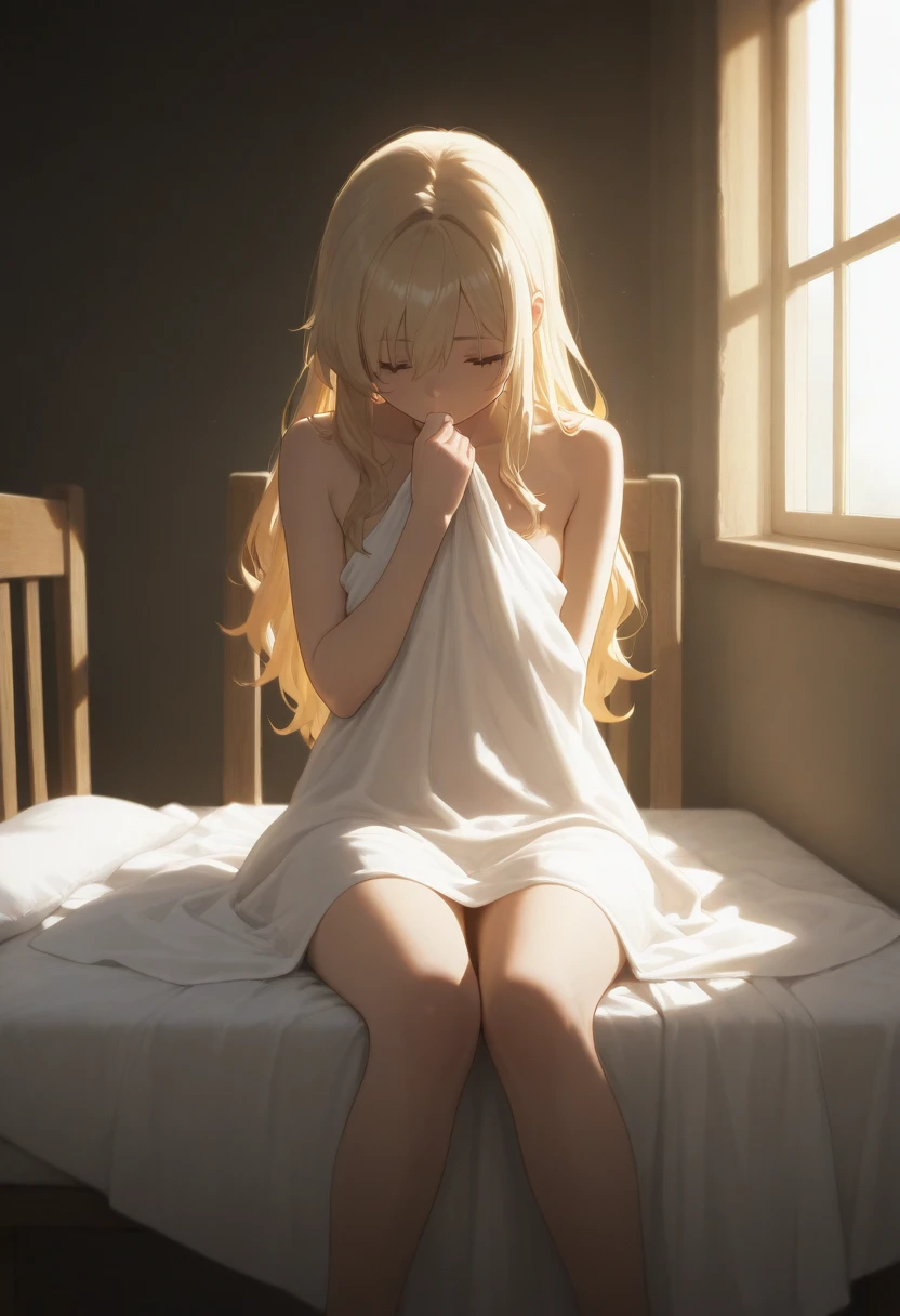 1 girl, character focus ,from side, cinematic angle, (cowboy shot), (Faintly emerge from the darkness), cinematic lighting,(sleeping on underground ), face down , blonde long hair, white dress , high resolution,(incredibly absurdres), anime visual,ultra detailed CG unity 8k wallpaper, ((masterpiece)), ((top-quality)), (beautiful illustration), ((an extremely delicate and beautiful))