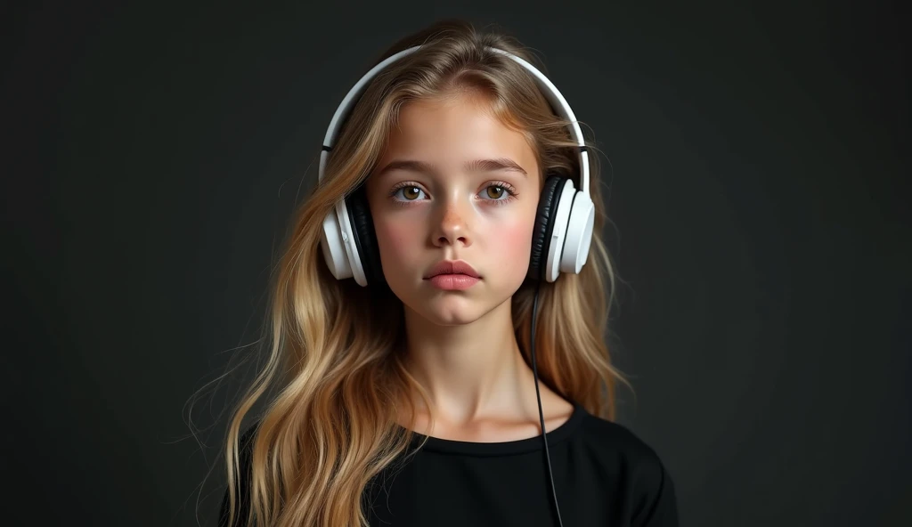 CHILD girl with long hair BLONDE wearing a white sweater and muffling black ears.