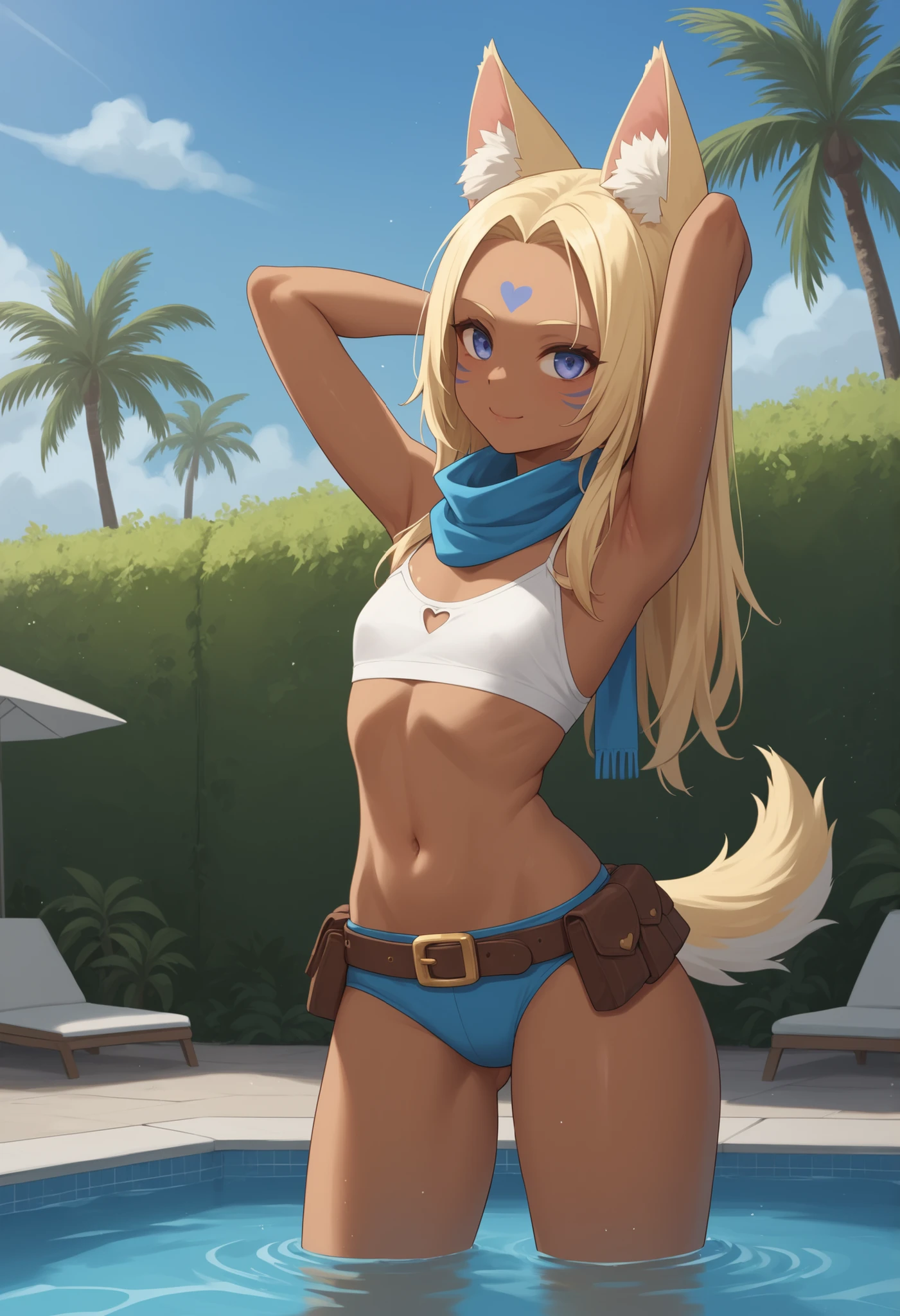Pacifica Northwest, flat breasts, flat chest, skinny, huge hips, long hair, blonde hair, choker , | 1girl, solo, wolf girl, animal, wolf ears, animal ears, animal ear fluff, wolf tail, tail, tan, dark skin, dark-skinned female, multicolored hair, two-tone hair, bindi, facial mark, forehead mark, heart-shaped eyewear, scarf, scarf, full bikini, single strap, frills, two-tone bikini, crop top, bare arms, belt, belt pouch, pouch,midriff, navel, stomach, bare legs, standing, leaning back, stretching, arm behind head, armpits, outdoors, pool, blue sky, water slides, palm tree, masterpiece, best quality, very aesthetic, absurdres