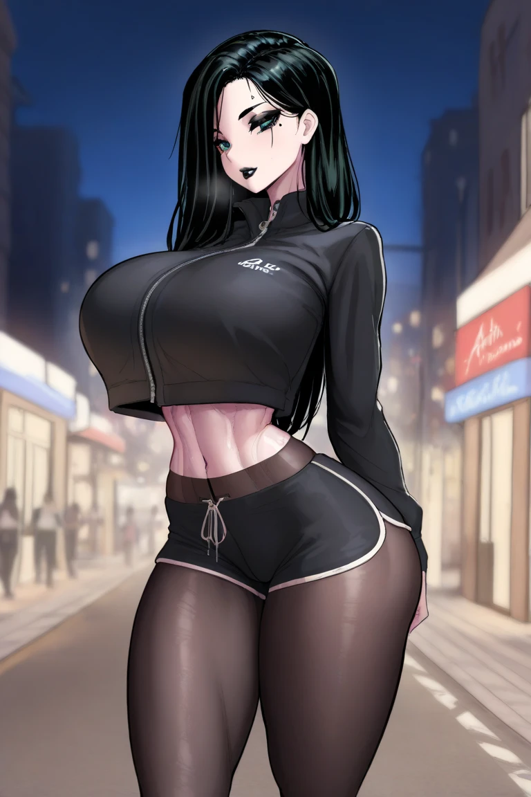 Just one girl,white skin,(glow up),Best quality, 4k, high resolution, body stuck outfits, perfect smile, light skin, ahegao face, purple eyes,(eye's colour is purple(beautiful eyes),detail eyes, realastic eyes, long hair , long hime-style cut (hair colour is black) ,straight hair, hime cut hair, wearing a tank (tank top is grey colour) and wearing gym leggig ( gym pants)(white colour and two purple lines on it), clothes are stuck in body, bodyfit outfit,1 girl, solo, seductive look, elegance and charm, (masterpiece, best quality, high resolution), looking at the viewer, standing, (intricate and beautiful:1.2), (detailed light:1.2), (soft light, side light), (high resolution textures) , outdoor, white skin girl ,outdoor background, sun light, attractive, sexy, mature and hot, young,(masterpiece:1.3), (disorganized:1.3), (highest quality:1.3), perfect anatomy, detailed face, front view, perfect right hands, looking at viewer, (Super detailed:1.3), (best shadow:0.7), (treated hair), fine eyes, beautiful eyes, young aged woman, alone, standing, crystal earrings,closed_mouth, , outdoors, arrogant face, small ,outfit detail,
Correct outfut details,thick thighs,