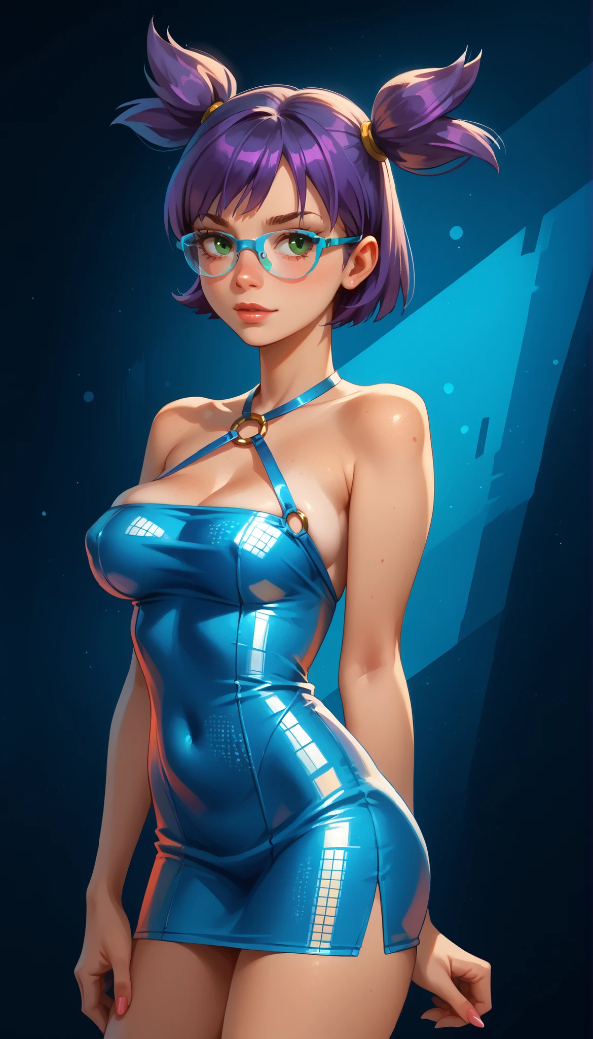 score_9, score_8_up, score_7_up, score_6_up, 8k, high detailed picture, realistic style, masterpiece, very young girl, huge perfect breasts, torpedotits, (thin, slender, narrow shoulders and hips, anorexic girl, slender legs and arms), lena, purple hair, green eyes, short hair, short twintails, twintails, two side up, bangs, 16k, masterpiece, realistic style, perfect fingers, CyberRealistic_Negative_PONY_V2, very sexy dress, dressed like (tomboy, pixie cut, circle-glasses, bodycon, shiny dress, microdress, o-ring, glitch art, dark aqua accent, portrait) , very tight dress, bursting breasts, xaxaxa 1_style, school backyard