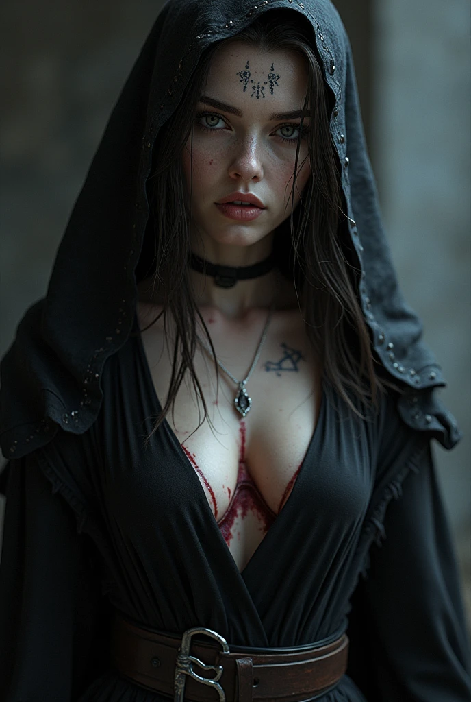 darkness shadow storm, imperial temple on fire, ancient east empire raw sacred priestess wounded, shaved hairy, The breasts are tiny, the body wet red paint dirty covered with a lot of red blood scratshes scares, hood, The waist is slim, hairlong, planet, fog smoke, the cloak long lace, The waist is slim, fullbody, one breast hiden