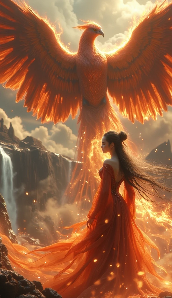 In a surreal, otherworldly realm, a majestic red bird, reminiscent of a dragon, spreads its wings against a fiery backdrop that engulfs the sky in shades of orange and crimson. The scene is alive with motion as the bird soars gracefully, embodying both power and agility, its feathers shimmering like flames. Below this celestial spectacle, a mysterious female figure sits in tranquil meditation, her eyes closed, exuding an aura of calm amidst the chaos. 

Her head is adorned with a striking gold cranial implant that glints in the light of the raging inferno above, suggesting a connection to both ancient wisdom and advanced technology. The juxtaposition of her serene presence with the intense fire creates a captivating contrast, as if she is the eye of the storm—an anchor in a world of magic and mythology. 

The atmosphere is charged with energy, where the boundaries of reality blur, and the elements of fire and spirit intertwine. The bird, a symbol of transformation and rebirth, seems to recognize the power within the woman, as if she channels the very essence of the flames that surround them. Together, they evoke a sense of epic adventure, where the mystical and the modern coexist in a dance of light and shadow, inviting the viewer to ponder the depths of their interwoven destinies.
