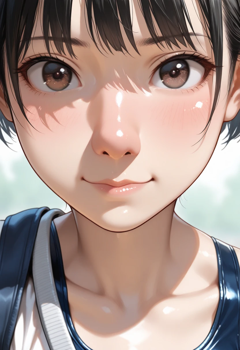 The flushed face of a 9-year-old Japanese black-haired girl,Arms raised, upper body close-up, face'Eyes wearing silver-white mirrored lens sunglasses、I looked at the world reflected in the lenses of my sunglasses....(Side Pony,Colorful Hair),