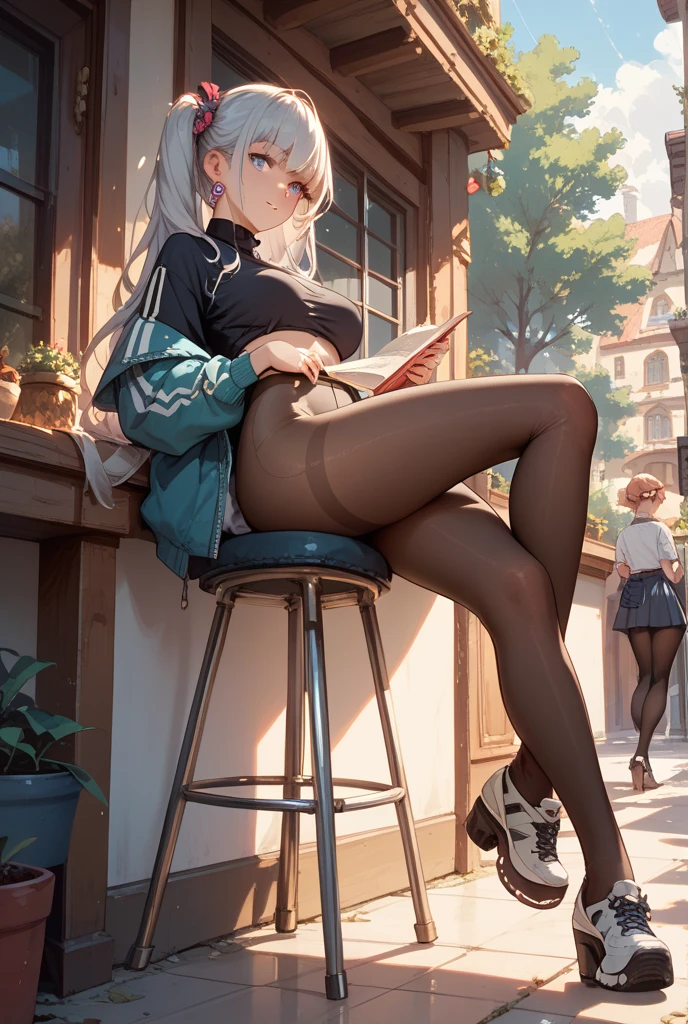 (masterpiece, best quality:1.2), solo, Android 18 from Dragon Ball, ((light gray hooded sweatshirt, Oversized hooded sweatshirt, long sleeve, black thin thigh highs, knees up, beautiful butt, pink panties)), small breasts, blonde hair, (single hair bun), ((blue eyes)), (wearing glasses), earrings on earlobes, slender feminine figure, skinny body, (drinking a coffee), cleavage, off shoulder, light blush, chill, hot coffee, organized, simple, white-based interior, a few plants, cloudy sky, terrace, magnificent view, blur background, 4K, on the cute chair, (pale blue chair),