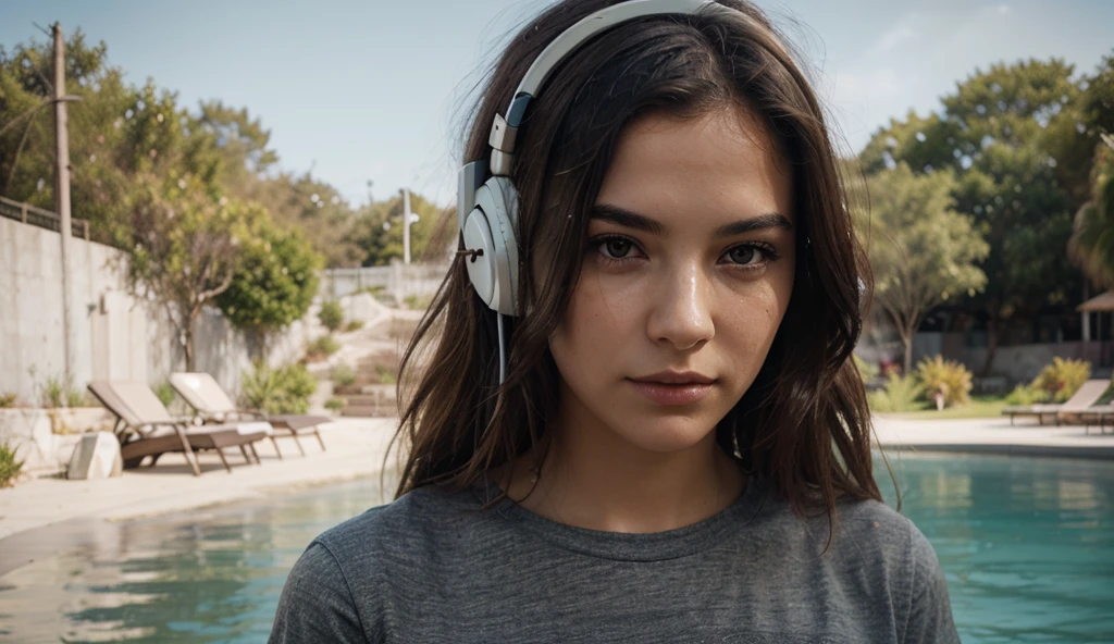 (best quality, Alto:1.2), Photographic quality, alta resolução, Realistic, retrato, music, Close-up, Young lady, headphones on head, "ScreenSound" Camiseta, relaxed expression, um pouco sorridente, cabelos lisos, rosto detalhado, soft lighting, cores vibrantes, ondas sonoras, immersive experience, mulher loira, olhos azuis, Greece, Ilha de Santorini, Cobblestone sidewalk in the background, casas brancas, telhados azuis, White sidewalks