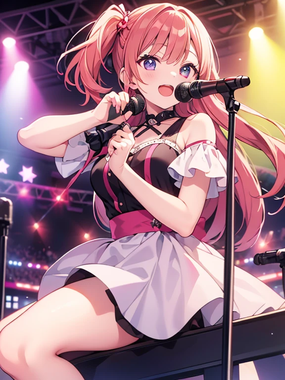 ((1girl)),((alone)),Ruby Hoshino, (oshi no ko),(masterpiece), (best quality), (ultra detailed), (best illustration), (best shadow), (absurdities), sharp focus, cowboy shot, atmospheric perspective, depth of field, dynamic posture looking at viewer, medium breasts, narrow waist, wide hips, wide thighs, round butt, erotic, romantic, (very detailed eyes, 1.1 lips), very detailed, eyes, Very detailed face, Very beautiful face, Symmetrical face, Aesthetic face, perfect face, perfect eyes, detailed eyelashes: 1.5), full height, beautiful slim figure, femininity, expressive appearance, elastic medium breasts, sexuality, half-open lips , long hair, blonde hair, (one side up), dark pink eyes, (red iris: 1.1), (star-shaped left pupil: 1.5), mismatched pupils, symbol-shaped pupil, (idol costume pink: 1.2), black gloves, short sleeves, bare bras, bare legs, black boots, headband, microphone, outdoors, Heart, , hand on hip, curves, defined body, Perfect and beautiful body, perfect and beautiful, closed mouth, flirtatious expression, smile, blushing, (sexy pose: 1.2), ((solo)), standing: 1.3,((outdoor, show, neon lighting: 1.3), (colorful light flashes: 1.3), (light particles: 1.3), (confetti: 1.2), (Idol's outdoor stage decorated with colorful spotlights and cute decorations :1.2) )),looking forward,((focus on breasts)), point of view:(from middle), perfect anatomy, perfect hands