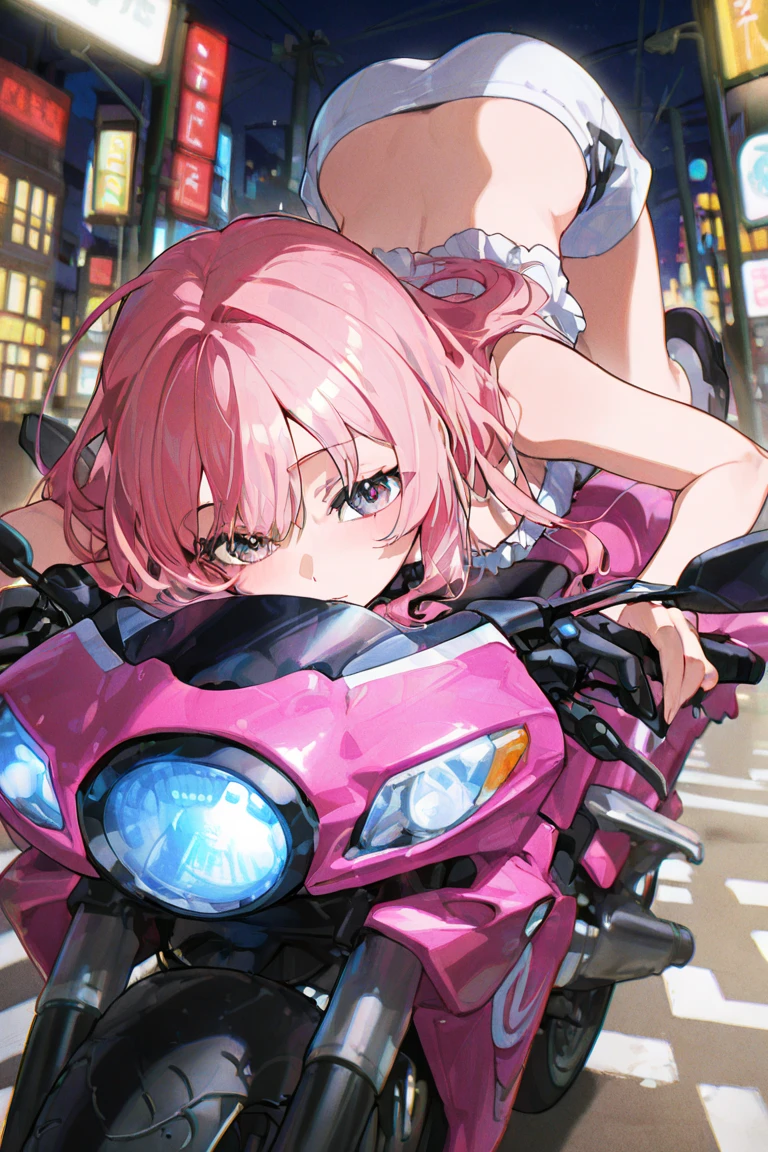 ((Highest quality,8k,32K,masterpiece,Ultra-high resolution :1.2 ),born,One person,Super cute,Natural light,Clear, shining eyes,20-year-old,Fair skin,Motorcycle touring electronic world fantasy background,Pink Hair,short hair,Large Breasts,In a bra,Short skirt,Riding a motorcycle,Motorcycle Helmets,Feeling embarrassed,A little angry, Twin tails