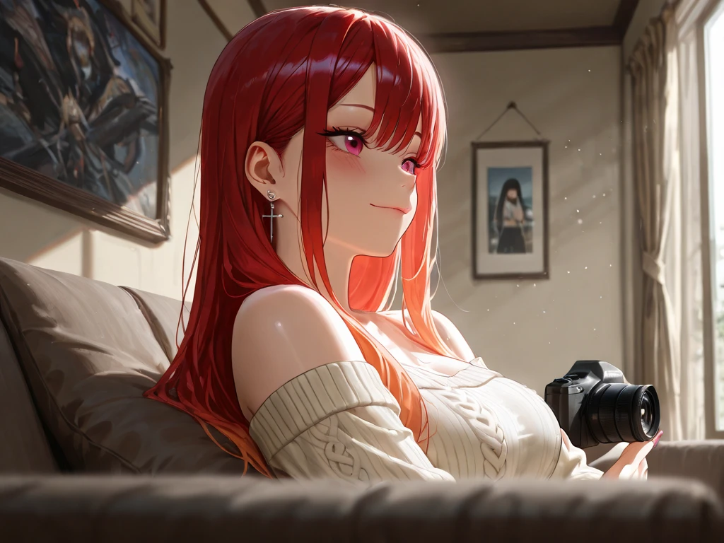 Skye, human version, magenta eyes, curly bright orange hair, mommy, mommy body, red sweater, blue jeans, tall, standing, extremely detailed, solo, beautiful, high quality, 4K, 8K, HDR