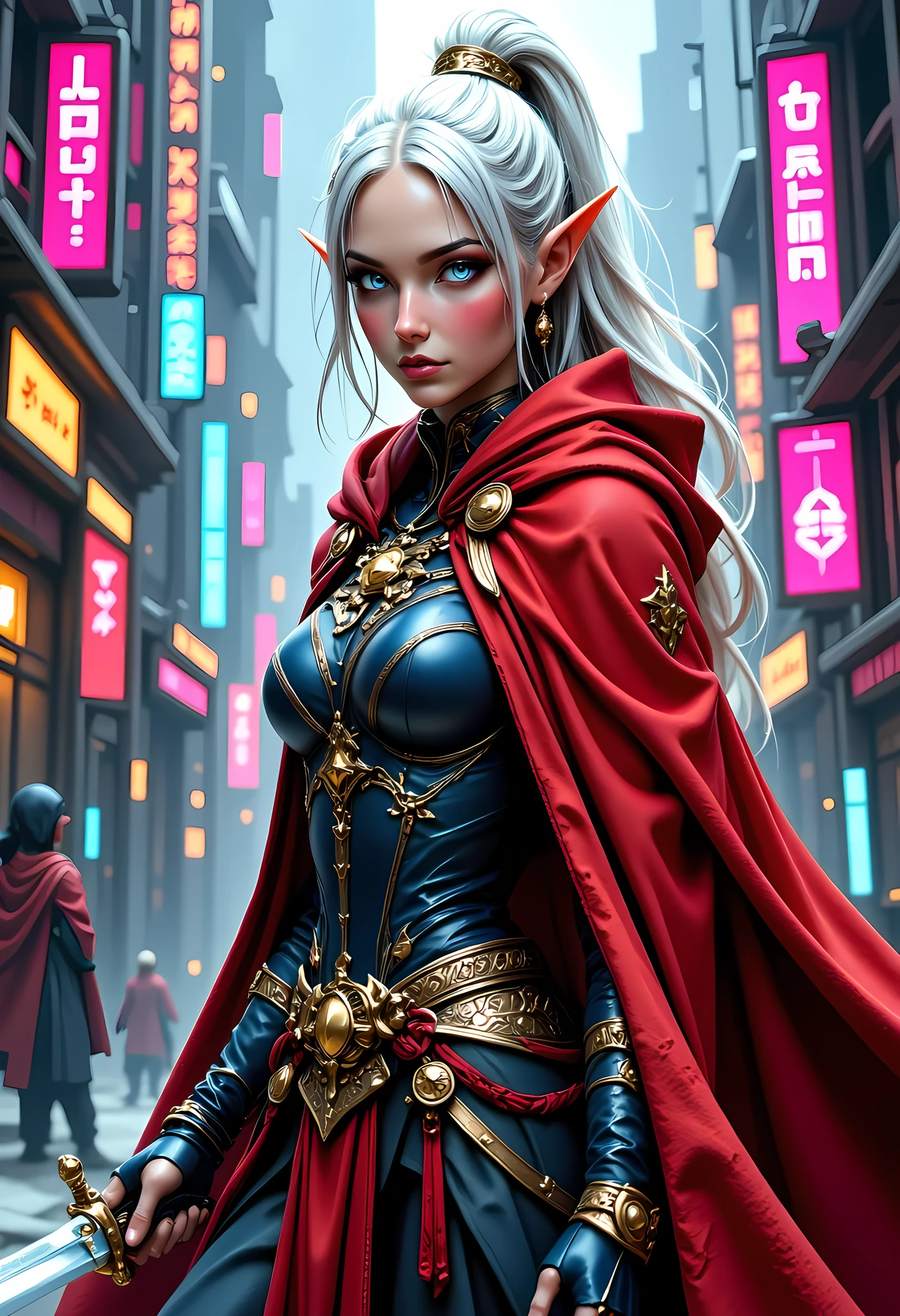 a picture of a female elf (intense details, Masterpiece, best quality) fantasy swashbuckler, fantasy fencer, armed with a slim sword, shinning sword, metallic shine, colorful clothes, dynamic clothing, an ultra wide shot, full body (intense details, Masterpiece, best quality)epic beautiful female elf (intense details, Masterpiece, best quality), rich hair, flowing hair, silver hair, small pointed ears, action shot, GlowingRunesAI_red , colorful magical sigils in the air, colorful arcane markings floating,  holding a sword (intricate details, Masterpiece, best quality), fantasy urban street (intense details, Masterpiece, best quality),  red cloak, long cloak (intense details, Masterpiece, best quality), sense of daring, sense of adventure,  high details, best quality, 8k, [ultra detailed], masterpiece, best quality, (extremely detailed), dynamic angle, ultra wide shot, photorealistic, RAW, fantasy art, dnd art,fantasy art, realistic art, Celestial Fantasy, zavy-ctcmcs, w1n, hyp3rd3tail style