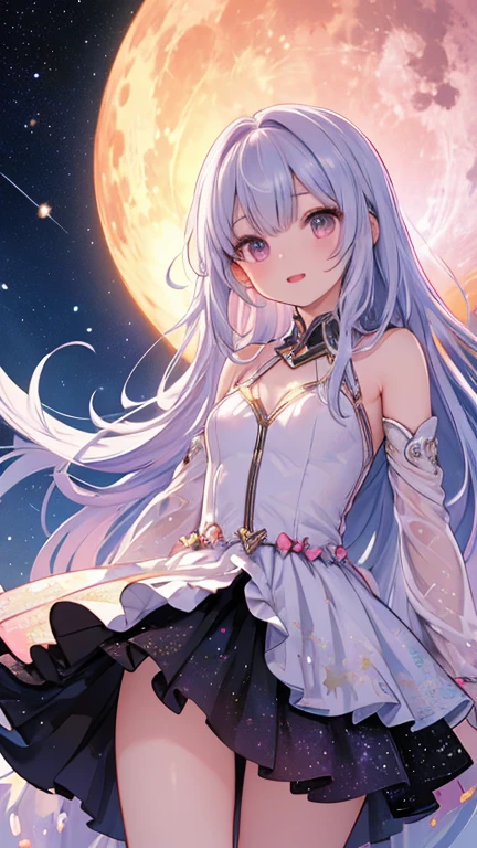 ((최고의 품질)), ((걸작)), (상세한), 여자 1명, Hair:Color: Light blue with pink highlights.Style: Short and slightly wavy, tied with ribbons on both sides.Accessories: Bunny ear headband.Red eyes.Expression: Playful smile.Skin:Tone: Fair and clear complexion.Outfit:Top:Style: Light blue and white sexy corset-style top.Design: Ribbon detail in the center, sheer long sleeves.Bottom:Style: White stockings.Design: Light blue ribbon decoration on the thighs.Other:Accessories: Blue bow tie on the neck.Props: Holding a smartphone.Background and Activity:Location: Riding a shooting star in the night sky.Time: Nighttime with a full moon.Situation: Surrounded by a dark sky illuminated by the moonlight and shooting stars.
