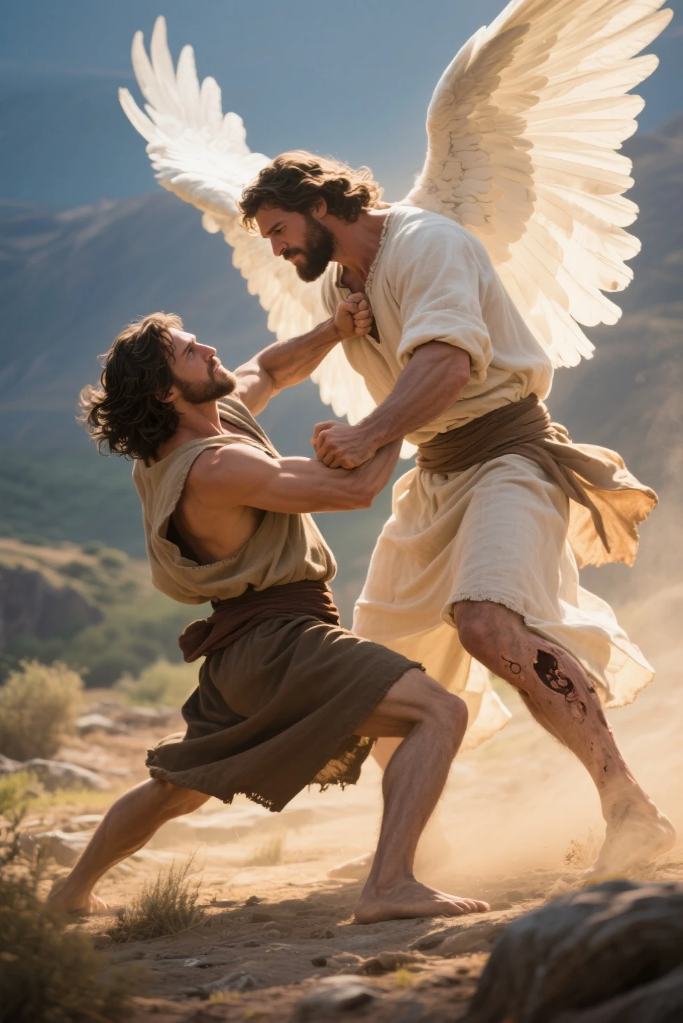 a painting of a man being hugged by an angel, in screenshot from the 300 movie, jesus christ fighting lucifer, youtube thumbnail, holy man looking at ground, stock image, extreme foreshortening, by Sheikh Hamdullah, he is angry, dressed like jesus christ, the artist has used bright, vfx, 2 0 1 9, hd —h 1024