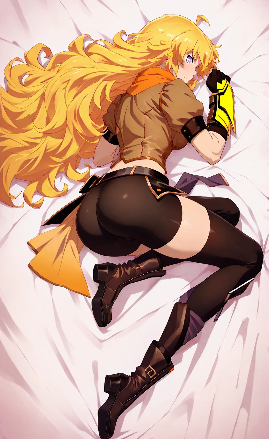 Anime girl gold hair light blue eyes small bikini suit black tape tied hands behindback and leg tied boundage look at viewer look from behind