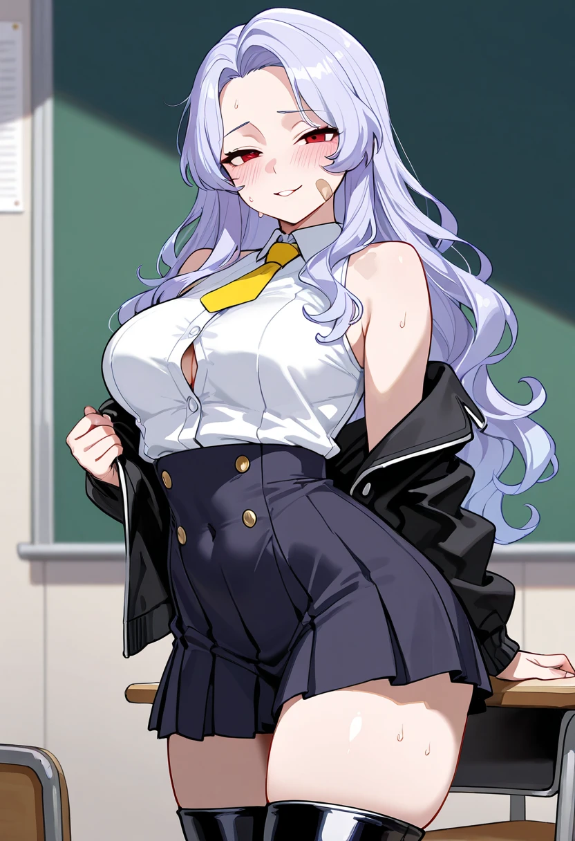 higuchi kaede, 1girl, virtual youtuber, solo, long hair, mole under eye, purple eyes, very long hair, hairclip, grey hair, blush, lipstick, Hot girl, baddie, staring, glaring, bad attitude, mean girl, dare, angry, hate, crazy, smoking, sensual, attractive, masterpiece, best quality, ((unbuttoned , cleavage, necklace, earrings, sexy body,
breasts)) , micro skirt, smiling, navel , exposed belly, exposed navel,,school,knot,
classroom , holding a gun, hold a gun, navel piercing