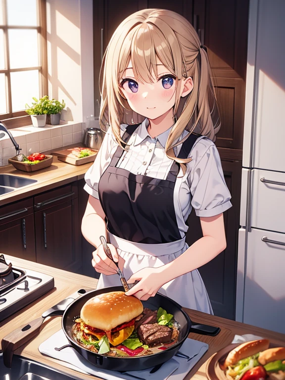((masterpiece, high quality, max detailed, 4k)), 1girl, (japanese school uniform), vivid color Lingerie, (eyes detailed), lustrous body, (big breasts), red blush、Kamimei、Staring at this、Light sweat、Cute anime illustration, perfect body, (bokeh effect in background), ((cooking in kitchen)), (full body)