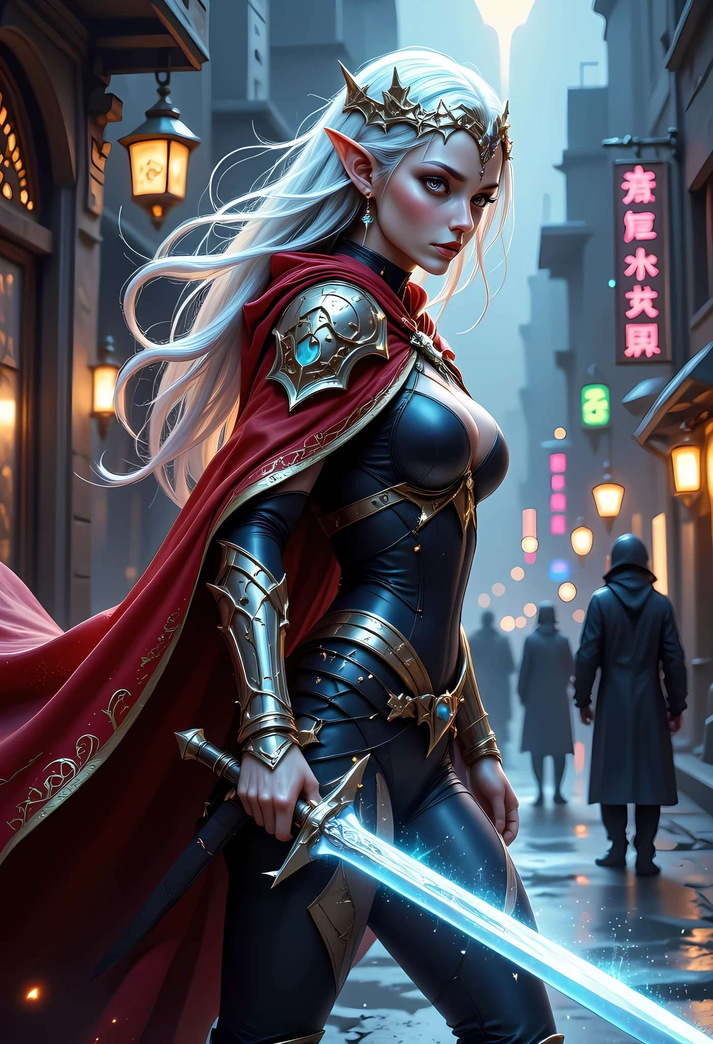 a picture of a female elf (intense details, Masterpiece, best quality) fantasy swashbuckler, fantasy fencer, armed with a slim sword, shinning sword, metallic shine, colorful clothes, dynamic clothing, an ultra wide shot, full body (intense details, Masterpiece, best quality)epic beautiful female elf (intense details, Masterpiece, best quality), rich hair, flowing hair, silver hair, small pointed ears, action shot, GlowingRunesAI_red , colorful magical sigils in the air, colorful arcane markings floating,  holding a sword (intricate details, Masterpiece, best quality), fantasy urban street (intense details, Masterpiece, best quality),  red cloak, long cloak (intense details, Masterpiece, best quality), sense of daring, sense of adventure,  high details, best quality, 8k, [ultra detailed], masterpiece, best quality, (extremely detailed), dynamic angle, ultra wide shot, photorealistic, RAW, fantasy art, dnd art,fantasy art, realistic art, Celestial Fantasy, zavy-ctcmcs, w1n, dweapon