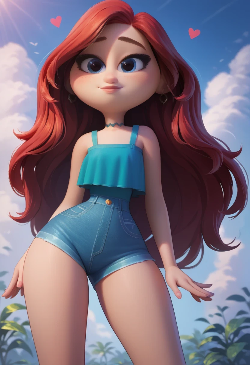 Chelsea, 1 girl, standing alone, jewerly, long hair, Red hair, aretes, ssmile, heart sign with fingers, looking ahead at viewer, eyes black, green regatta, tight denim shorts, ((whole body)), bare thighs, curves, nice legs, front, pose, best qualityer, no flaws