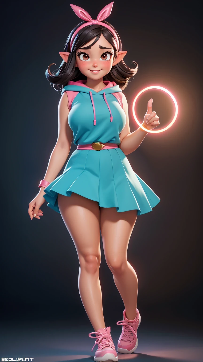 Full body view, adult, (best quality:1.4),(shiny skin), body focus, (cute face), (((best quality))), illustration, adult, full body view, ((Beautiful Finger)), , Beautiful body, Beautiful character design, ,perfect lighting, Colorful, Bright_Front_face_Lighting, ultra high res, highres, absurdres:1.2, bokeh:1.2, lens flare, huge breasts, tall, long legs, adult, (vibrant_color:1.2), , (thick thighs:1.1), THICK, Black hair with colored sprinkles, red ribbon, teal hoodie, large brown eyes, pointy ears, pink blush on cheeks, content expression, skirt, adult Vanellope von Schweetz as an adult, 30 years old.